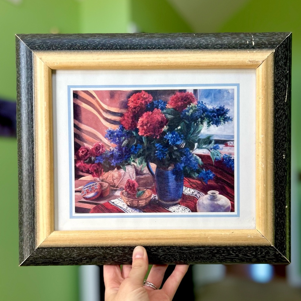 Vintage Homestead Florals Still Life Painting Framed Wall Hanging Art Decor